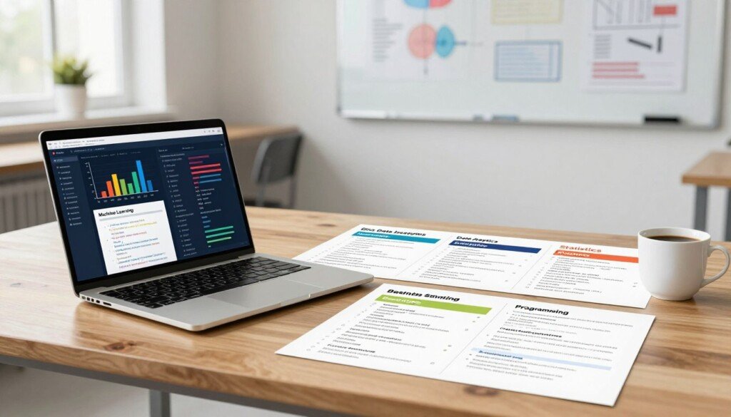 A visually engaging image of a BSc Data Science curriculum laid out on a sleek wooden desk. In the foreground, display an open laptop showing a data science dashboard with colorful graphs, notebooks filled with algorithms, and a coffee cup. In the middle ground, include printed curriculum sheets with subjects like Machine Learning, Data Analytics, Statistics, and Programming highlighted in a neat, organized manner. The background features a modern classroom with a whiteboard displaying data visualizations and charts. Soft, natural lighting filters through a window, creating a bright and inspiring atmosphere. The scene should convey professionalism and a focus on education, ideal for Indian students exploring career opportunities in data science. A visually engaging image of a BSc Data Science curriculum laid out on a sleek wooden desk. In the foreground, display an open laptop showing a data science dashboard with colorful graphs, notebooks filled with algorithms, and a coffee cup. In the middle ground, include printed curriculum sheets with subjects like Machine Learning, Data Analytics, Statistics, and Programming highlighted in a neat, organized manner. The background features a modern classroom with a whiteboard displaying data visualizations and charts. Soft, natural lighting filters through a window, creating a bright and inspiring atmosphere. The scene should convey professionalism and a focus on education, ideal for Indian students exploring career opportunities in data science.