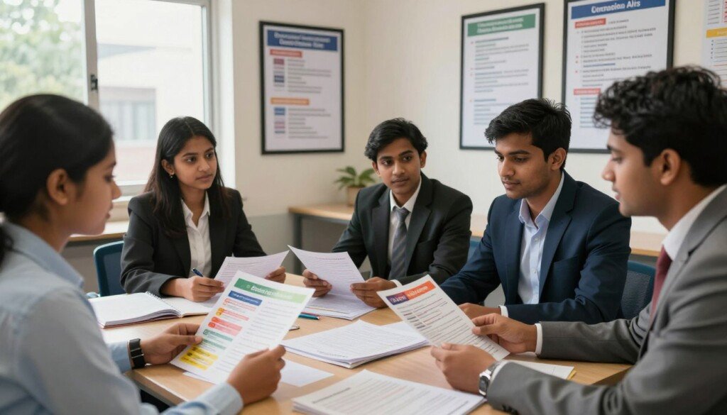 A visually engaging scene depicting a group of diverse Indian students in professional attire engaged in a career counselling session focused on entrance examinations for various academic streams. In the foreground, a student is examining a brightly colored brochure showcasing different examinations, while two others actively discuss their interests. The middle ground features a table cluttered with study materials, exam schedules, and guides specific to Science, Commerce, and Arts. The background includes a large, well-lit educational setting with framed posters outlining different career paths and entrance exams. Soft, natural lighting emanates from large windows, creating a motivating and inspiring atmosphere, inviting exploration and study. The composition captures a sense of determination and excitement for future academic pursuits.