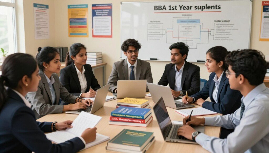 A visually engaging scene showcasing key BBA 1st year subjects in an educational context. Foreground: a diverse group of Indian students, dressed in professional business attire, actively engaging in a discussion around study materials like books and laptops. Middle: a neatly arranged study table filled with textbooks titled "Principles of Management," "Business Communication," "Financial Accounting," and "Marketing Basics," illustrating the core subjects. Background: a well-lit classroom environment with educational posters on the walls and a large whiteboard displaying a syllabus diagram. Soft, warm lighting creates an inviting and focused atmosphere, emphasizing the importance of learning and collaboration in a professional setting, captured from a slight overhead angle to highlight the interaction among students. A visually engaging scene showcasing key BBA 1st year subjects in an educational context. Foreground: a diverse group of Indian students, dressed in professional business attire, actively engaging in a discussion around study materials like books and laptops. Middle: a neatly arranged study table filled with textbooks titled "Principles of Management," "Business Communication," "Financial Accounting," and "Marketing Basics," illustrating the core subjects. Background: a well-lit classroom environment with educational posters on the walls and a large whiteboard displaying a syllabus diagram. Soft, warm lighting creates an inviting and focused atmosphere, emphasizing the importance of learning and collaboration in a professional setting, captured from a slight overhead angle to highlight the interaction among students.