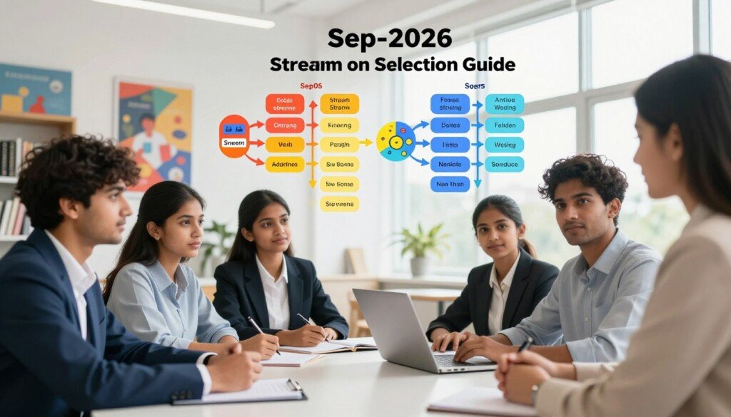 A visually engaging stream selection guide illustrating the step-by-step process of choosing the right stream and subjects for students in 2026. In the foreground, a diverse group of Indian students in professional business attire sits around a table, actively discussing their options with a career counselor. In the middle, colorful charts and diagrams are displayed, showing various academic streams and subject combinations, with clear visuals like arrows and icons for clarity. The background features a bright, modern educational environment with motivational posters and bookshelves, creating a vibrant and positive atmosphere. Soft, natural lighting pours in through large windows, evoking a sense of optimism and enthusiasm for future possibilities. The angle captures the collaborative energy of decision-making while maintaining a professional and clean aesthetic, emphasizing the importance of thoughtful choices in education. A visually engaging stream selection guide illustrating the step-by-step process of choosing the right stream and subjects for students in 2026. In the foreground, a diverse group of Indian students in professional business attire sits around a table, actively discussing their options with a career counselor. In the middle, colorful charts and diagrams are displayed, showing various academic streams and subject combinations, with clear visuals like arrows and icons for clarity. The background features a bright, modern educational environment with motivational posters and bookshelves, creating a vibrant and positive atmosphere. Soft, natural lighting pours in through large windows, evoking a sense of optimism and enthusiasm for future possibilities. The angle captures the collaborative energy of decision-making while maintaining a professional and clean aesthetic, emphasizing the importance of thoughtful choices in education.