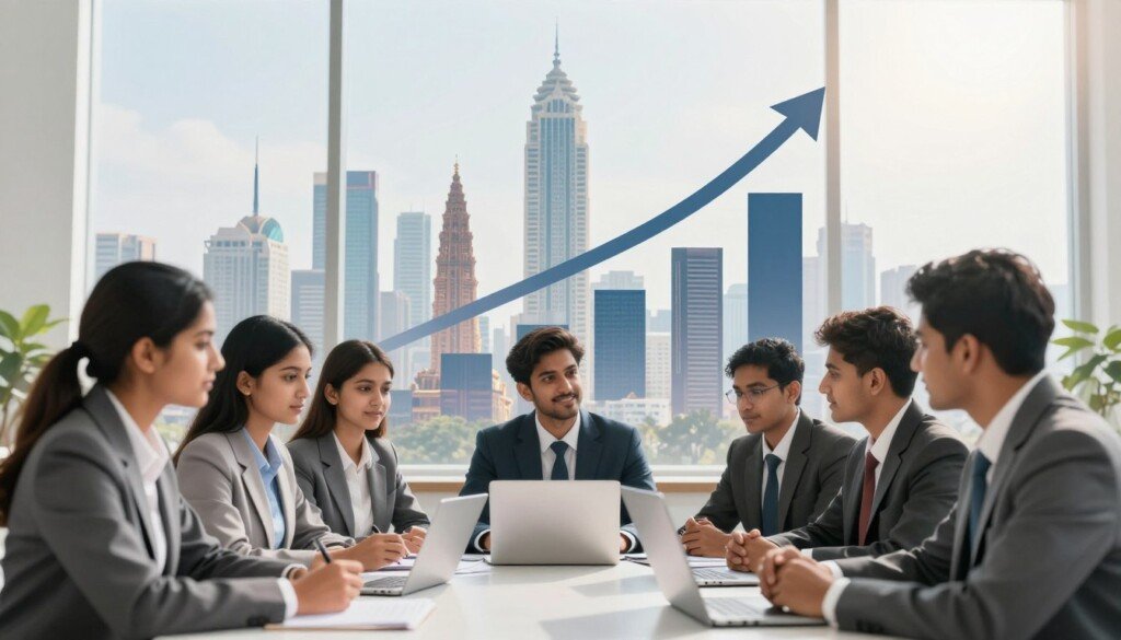 A visually striking and informative image illustrating the BBA salary landscape in India. In the foreground, a diverse group of Indian students in professional business attire engage in a discussion around a table, with laptops and documents spread out. In the middle, an upward-moving graph displaying salary trends, overlaid on images of iconic Indian cityscapes to represent the job market. In the background, a bright, sunlit skyline of modern India enhances the atmosphere of hope and ambition. The image captures a professional and educational mood, with soft, natural lighting that highlights the students’ expressions of determination and enthusiasm for their future careers in business administration.