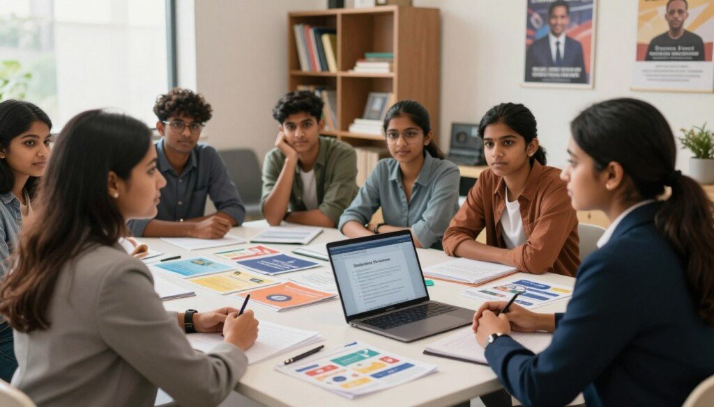 A warm, inviting career counselling session in a modern Indian educational setting. In the foreground, a professional career counsellor, dressed in business attire, engages with a group of diverse Indian students, all dressed in smart casual clothing. The students are attentively listening, showcasing a mix of curiosity and determination. In the middle ground, a large table is covered with educational materials, brochures about various career options, and a laptop displaying a presentation on subject combinations related to different career goals. In the background, shelves filled with books and motivational posters add an educational atmosphere. Soft, natural lighting filters through a window, creating a positive and inspiring mood. The scene captures the essence of guidance and professional development, emphasizing collaboration and growth. A warm, inviting career counselling session in a modern Indian educational setting. In the foreground, a professional career counsellor, dressed in business attire, engages with a group of diverse Indian students, all dressed in smart casual clothing. The students are attentively listening, showcasing a mix of curiosity and determination. In the middle ground, a large table is covered with educational materials, brochures about various career options, and a laptop displaying a presentation on subject combinations related to different career goals. In the background, shelves filled with books and motivational posters add an educational atmosphere. Soft, natural lighting filters through a window, creating a positive and inspiring mood. The scene captures the essence of guidance and professional development, emphasizing collaboration and growth.