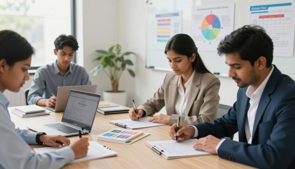 A well-lit, modern classroom setting with Indian students engaged in a career assessment test. In the foreground, a diverse group of three students, dressed in professional business attire, are focused on their assessment forms, with pens and papers spread out. The middle ground features a table with laptops, career guides, and psychometric assessment tools, showcasing a blend of technology and education. The background highlights a whiteboard with colorful charts and diagrams related to career paths and assessment results. Soft, natural lighting filters in from large windows, creating an inviting and focused atmosphere. The overall mood is one of determination and clarity, emphasizing the importance of interpreting assessment results correctly for future career decisions. A well-lit, modern classroom setting with Indian students engaged in a career assessment test. In the foreground, a diverse group of three students, dressed in professional business attire, are focused on their assessment forms, with pens and papers spread out. The middle ground features a table with laptops, career guides, and psychometric assessment tools, showcasing a blend of technology and education. The background highlights a whiteboard with colorful charts and diagrams related to career paths and assessment results. Soft, natural lighting filters in from large windows, creating an inviting and focused atmosphere. The overall mood is one of determination and clarity, emphasizing the importance of interpreting assessment results correctly for future career decisions.
