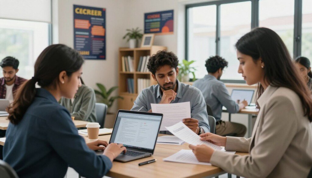 A well-lit, spacious career counseling office featuring a diverse group of Indian students engaged in a career assessment test. In the foreground, a professional counselor, dressed in smart business attire, assists a student who is focused on a laptop displaying assessment results. The middle ground shows another student thoughtfully reviewing printed career assessment materials. The background showcases motivational posters related to career paths, with a bookshelf filled with educational resources. Soft, natural lighting filters through large windows, creating a welcoming atmosphere that encourages learning and exploration. The mood is professional yet supportive, embodying the essence of career planning and guidance. A well-lit, spacious career counseling office featuring a diverse group of Indian students engaged in a career assessment test. In the foreground, a professional counselor, dressed in smart business attire, assists a student who is focused on a laptop displaying assessment results. The middle ground shows another student thoughtfully reviewing printed career assessment materials. The background showcases motivational posters related to career paths, with a bookshelf filled with educational resources. Soft, natural lighting filters through large windows, creating a welcoming atmosphere that encourages learning and exploration. The mood is professional yet supportive, embodying the essence of career planning and guidance.