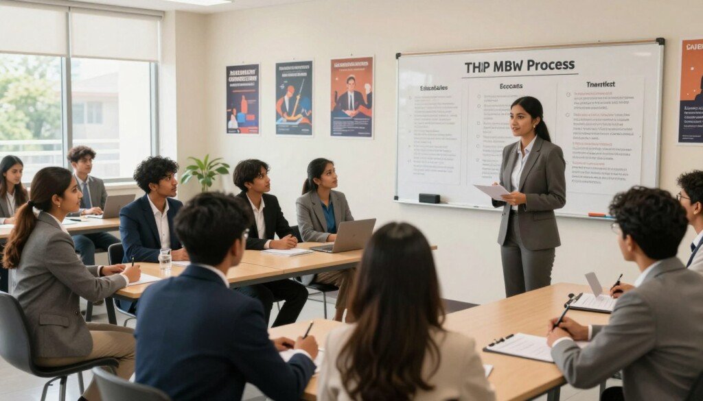A well-organized MBA admission process scene in an educational setting, focusing on Indian students in professional business attire engaged in various admission activities. In the foreground, a diverse group of students is participating in a career counseling session, interacting with advisors who provide guidance. The middle ground depicts a bulletin board displaying key steps of the admission process, such as entrance exams, application submissions, and interview preparations. In the background, a bright and modern classroom filled with motivational posters about success in education. The lighting is warm and inviting, with natural light filtering through large windows, creating an atmosphere of hope and ambition as students prepare for their future in business. The image captures a clean and professional educational environment, fostering a sense of collaboration and determination.