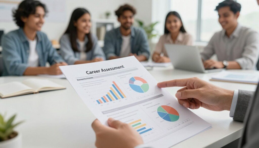 A well-organized desk scene featuring a set of career assessment test results displayed prominently on a clean, white sheet. In the foreground, a neatly designed report outlines various personality traits, skills, and suggested career paths, illustrated with colorful bar graphs and pie charts for visual impact. In the middle ground, a pair of hands, dressed in professional business attire, gently points to the report, indicating analysis and interpretation. The background features soft-focus images of diverse, smiling Indian students engaged in thoughtful discussions with a career counselor in a bright, welcoming office space. Soft, natural lighting enhances the educational and professional atmosphere, conveying a sense of guidance and clarity in career planning. A well-organized desk scene featuring a set of career assessment test results displayed prominently on a clean, white sheet. In the foreground, a neatly designed report outlines various personality traits, skills, and suggested career paths, illustrated with colorful bar graphs and pie charts for visual impact. In the middle ground, a pair of hands, dressed in professional business attire, gently points to the report, indicating analysis and interpretation. The background features soft-focus images of diverse, smiling Indian students engaged in thoughtful discussions with a career counselor in a bright, welcoming office space. Soft, natural lighting enhances the educational and professional atmosphere, conveying a sense of guidance and clarity in career planning.