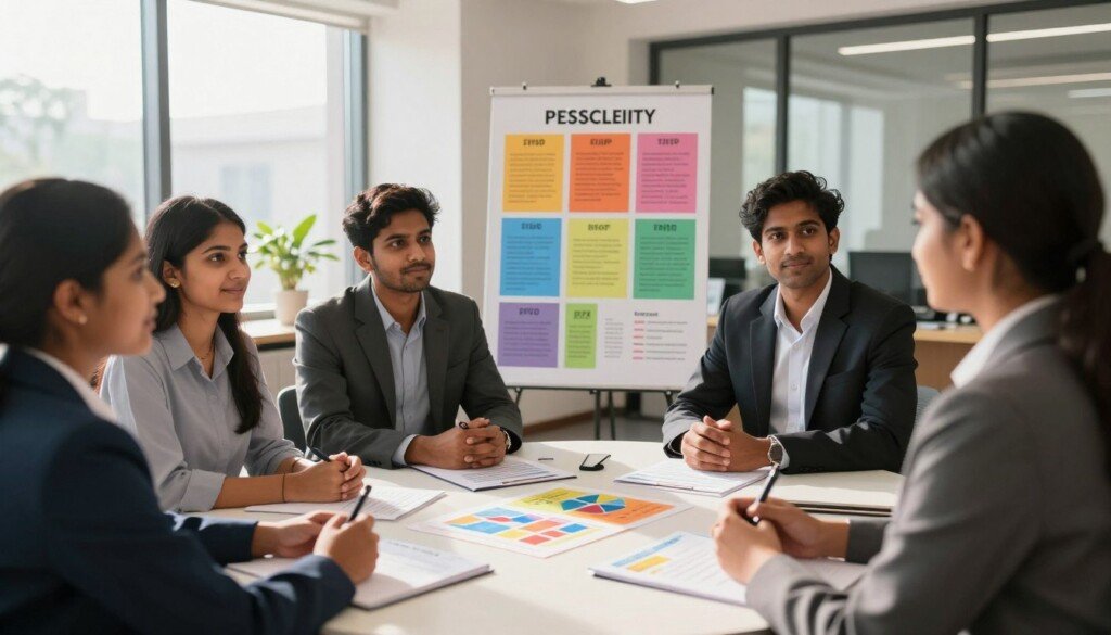 A well-organized scene depicting a career counseling session focused on personality tests. In the foreground, a group of Indian students, dressed in professional business attire, are engaged in a conversation with a counselor at a round table, surrounded by colorful charts and personality assessment materials. In the middle, a large poster illustrating various personality types reflects an engaging design and vibrant colors. In the background, a bright, modern office environment with large windows allowing natural light to pour in, casting soft shadows. The atmosphere is educational and encouraging, emphasizing exploration of career paths through self-discovery. The lighting is warm, creating an inviting and professional mood, while the camera angle captures the scene at eye-level, enhancing the relatability of the characters' interaction.
