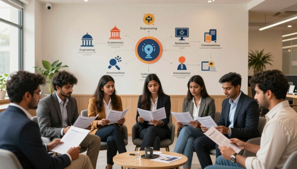 An educational and vibrant scene depicting various career paths for non-medical students in India. In the foreground, a diverse group of Indian students, both male and female, dressed in professional business attire, engaged in a career counseling session, looking at brochures and discussing options. In the middle, a large, visually appealing infographic on a wall, featuring icons representing various career fields such as engineering, architecture, information technology, and business management. The background should have a warm and welcoming atmosphere with soft, natural lighting and a stylish modern office space. Use a wide-angle lens to capture the entire setting, emphasizing collaboration and ambition, and create an overall mood of inspiration and professionalism.