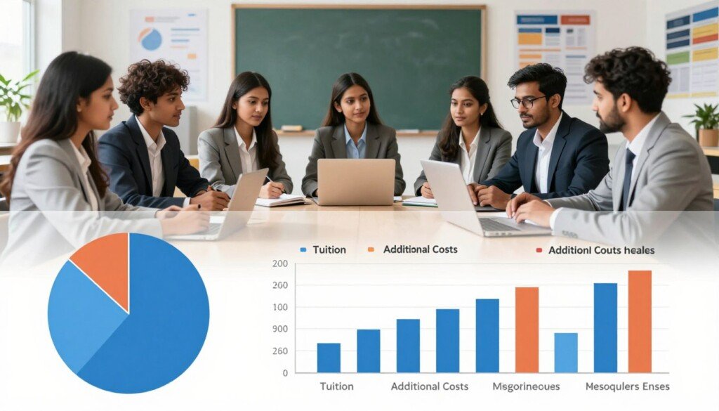 An infographic-style illustration showing a detailed breakdown of MBA course fees in India. In the foreground, a pie chart and bar graph visually display various fee components such as tuition, additional costs, and miscellaneous expenses. In the middle ground, a group of diverse Indian students in professional attire engage in a discussion, using laptops and notebooks, conveying an atmosphere of career counselling and education. The background includes sleek, modern classroom elements like a chalkboard and educational posters. Soft, natural lighting creates a bright and focused mood, captured with a slight depth of field to bring attention to the graphs while keeping the students and classroom in view.
