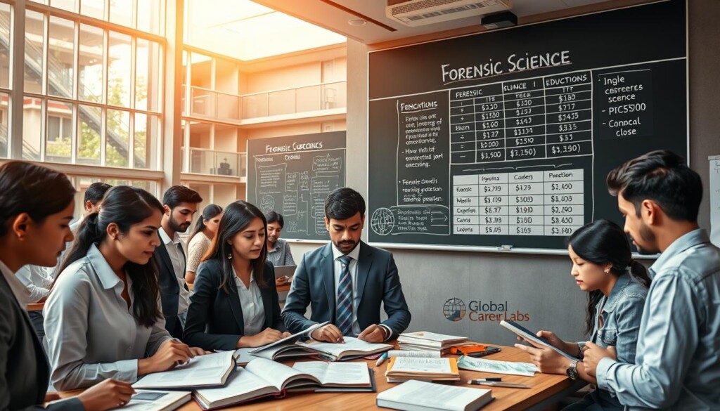 A busy Indian university campus setting, showcasing a modern classroom where students are engaged in forensic science studies. In the foreground, a diverse group of students, wearing professional business attire, collaborate over textbooks and digital devices with forensic science materials clearly visible. The middle ground displays a chalkboard filled with diagrams of forensic techniques and a projector showing a detailed financial planning chart for education costs. In the background, the university’s architecture reflects a blend of traditional and contemporary styles. Warm daylight streams through large windows, creating a focused yet congenial atmosphere. The image embodies a sense of academic pursuit and financial strategy within the field of forensic science. Branding elements subtly include "Global Career Labs" found in a corner of the chalkboard.