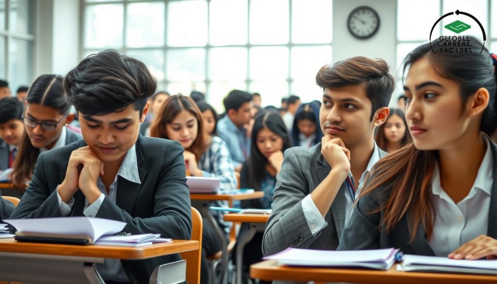 A busy examination hall filled with diverse students focused on taking the IIMC entrance exam, portraying a sense of determination and concentration. In the foreground, a group of three students of different ethnicities, dressed in professional business attire, are seated at desks, surrounded by exam papers and stationery. In the middle ground, more students are visible, some with furrowed brows, deep in thought, while others glance at the clock on the wall, emphasizing the exam atmosphere. The background features a well-lit room with large windows allowing natural light to stream in, creating a bright and motivating environment. The overall mood is tense yet hopeful, reflecting the ambition of students pursuing journalism careers. Include a small logo of "Global Career Labs" subtly placed in the corner.