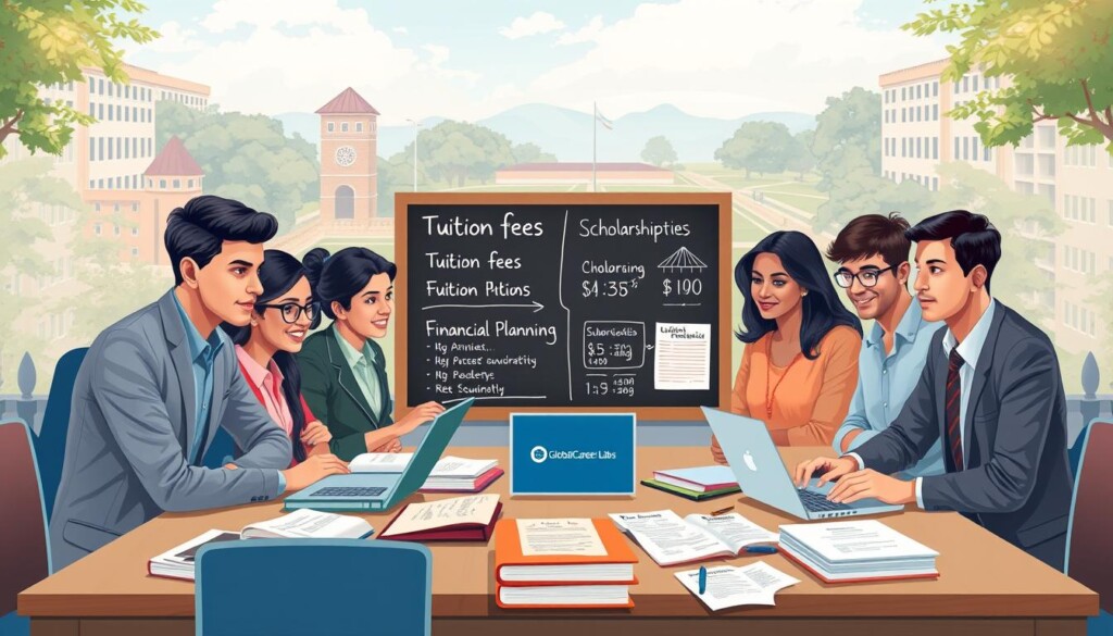 A detailed and informative illustration depicting the costs associated with pursuing a career in psychology, tailored for Indian students. In the foreground, a diverse group of young adults in professional attire, engaged in discussions over a table scattered with books, laptops, and financial documents, symbolizing their educational journey. In the middle ground, elements representing the fee structures, such as a chalkboard or infographic displaying tuition fees, scholarships, and financial planning tips. The background features a serene university campus with academic buildings and greenery, emphasizing a scholarly environment. Soft, warm lighting highlights the students' expressions of determination and focus, creating an atmosphere of aspiration and professionalism. The image subtly incorporates "Global Career Labs" branding within the educational materials, ensuring a cohesive theme while maintaining a clean and engaging layout.