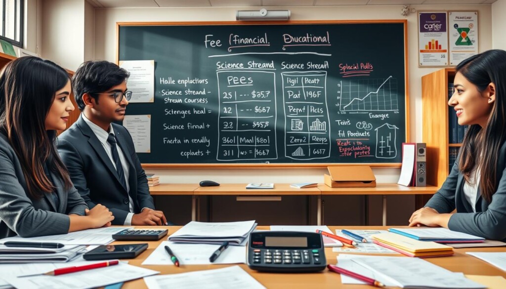A detailed scene depicting financial planning for education in India. In the foreground, a diverse group of three young Indian students, dressed in professional business attire, discuss a financial plan over a well-organized desk filled with educational materials, calculators, and financial documents. In the middle ground, a large chalkboard displays notes on different fee structures for various science stream courses (PCM vs PCB), illustrated with infographics and charts. The background showcases a neatly arranged classroom environment with educational posters and bookshelves. Soft, natural lighting from a window creates a warm and inviting atmosphere, complementing the focus on education and future career prospects. The branding "Global Career Labs" is subtly incorporated into the design elements of the materials on the desk.
