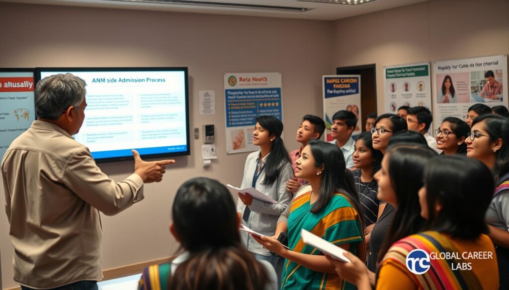 A diverse group of young Indian students in professional attire, eagerly participating in an information session about the ANM admission process, set in a well-lit classroom. In the foreground, a knowledgeable instructor gestures toward a presentation on a digital screen, showcasing key aspects of the admission process. In the middle ground, students are actively taking notes and discussing among themselves, indicating their enthusiasm and engagement. The background features educational posters related to nursing and career opportunities in healthcare. Soft, warm lighting illuminates the scene, creating an inviting and motivational atmosphere. The overall mood is one of aspiration and hope, reflecting the importance of career choices for students. Include the brand name "Global Career Labs" subtly in the presentation materials without any text overlays.