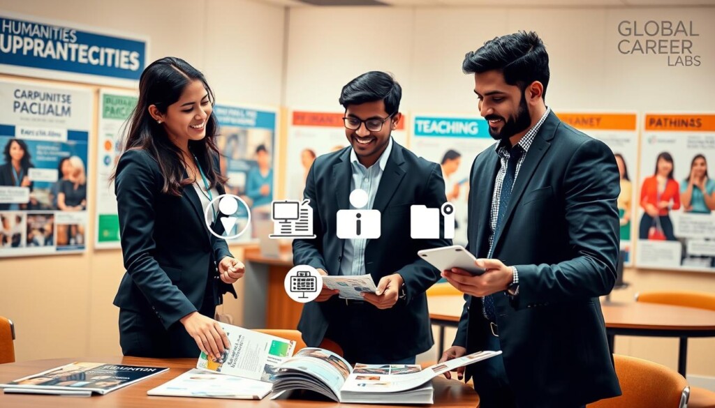 A dynamic and informative scene showcasing a diverse group of Indian students exploring various career options in the humanities field. In the foreground, three students—one female and two male—are dressed in professional business attire, engaged in animated discussion over career brochures laid out on a table. In the middle, visual elements include icons or symbols representing various careers like psychology, journalism, and teaching, subtly integrated into the scene. The background features a well-lit classroom or career fair setting, filled with posters about humanities subjects and pathways. The atmosphere is motivating and hopeful, with warm lighting that creates an inviting ambiance. Capture this moment with a wide-angle lens to emphasize the interaction while also showcasing the surrounding career opportunities. The image should convey a sense of aspiration and teamwork, attributed to Global Career Labs.