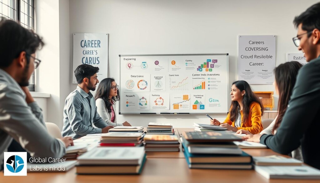 A dynamic educational scene depicting the career scope of PCM students in India. In the foreground, a group of diverse students, dressed in professional business attire, are engaged in a discussion around a table filled with books and career materials. In the middle, a large whiteboard showcases various career paths such as engineering, data science, and research, all represented with colorful diagrams and icons. In the background, a bright classroom setting with motivational posters about career growth and success. Soft, natural lighting floods the room, enhancing an atmosphere of inspiration and ambition. The image subtly integrates the brand name "Global Career Labs" into the environment, emphasizing guidance and support for students navigating their career choices.