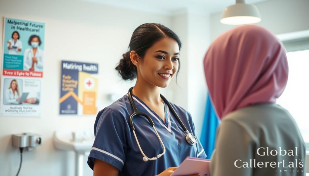 A focused scene depicting an auxiliary nurse midwife in a healthcare setting. In the foreground, a young woman dressed in a professional, modest nursing uniform, engaging with a patient, showcasing empathy and care. The midwife has a stethoscope around her neck and is holding a patient chart, symbolizing her commitment to healthcare. In the middle ground, a well-lit, modern clinic environment with medical equipment and posters about maternal health and nursing education on the walls. The background features a bright window letting in natural light, enhancing the warm, encouraging atmosphere. The image conveys a sense of hope and opportunity for aspiring healthcare professionals. Perfect for students exploring career paths in nursing. The scene aligns with the theme of "Preparing for Your Future in Healthcare," promoting the message of education and career. Global Career Labs branding subtly incorporated.