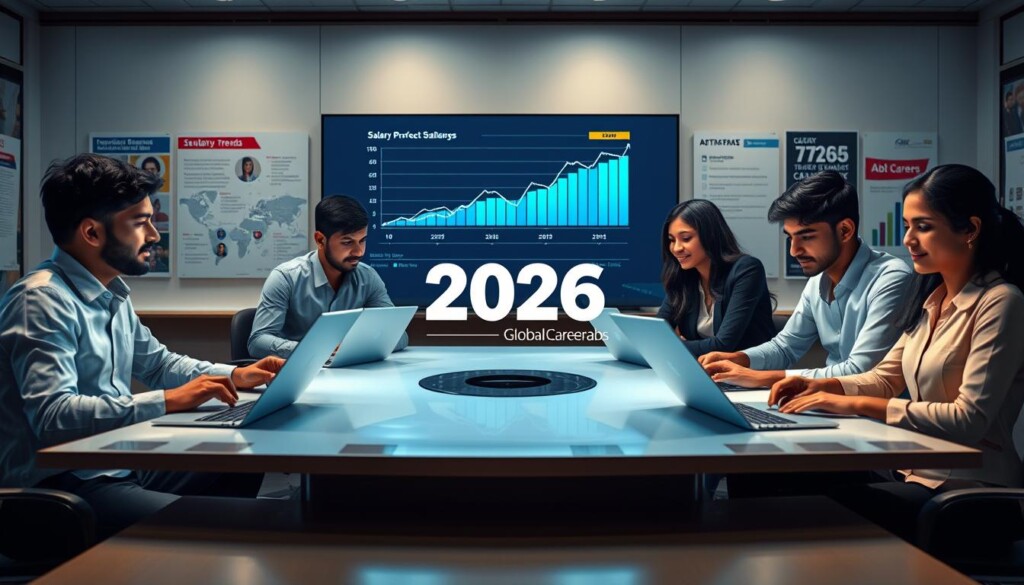 A futuristic classroom setting focusing on Indian students gathered around a sleek, modern table with laptops open, analyzing graphs and charts depicting salary expectations for the year 2026. In the foreground, a diverse group of four students—two males and two females—are engaged in a collaborative discussion, dressed in professional business attire, showcasing determination and aspiration. The middle ground features a large digital screen displaying upward-trending salary graphs and job market trends, illuminated by soft ambient lighting that creates a motivating atmosphere. The background includes educational posters about various career streams, emphasizing growth and opportunity. The overall mood is optimistic and forward-looking, symbolizing the excitement of career prospects in 2026. The logo "Global Career Labs" subtly integrated within the digital screen design enhances the educational theme.