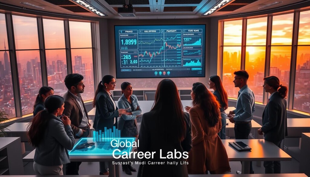 A futuristic commerce classroom bustling with activity, showcasing diverse Indian students engaged in finance, business, and management discussions. In the foreground, a group of young professionals dressed in smart business attire is gathered around a holographic display of financial graphs and charts, representing career opportunities in commerce. In the middle ground, a modern classroom with sleek furniture and digital screens displaying stock market trends and business strategies. The background features large windows showing a vibrant city skyline, illuminated by the warm glow of sunset, evoking a sense of optimism and progress. Soft, ambient lighting complements the atmosphere, creating a motivating and dynamic environment for learning. The brand "Global Career Labs" subtly integrated into the scene, suggesting a focus on future career paths.