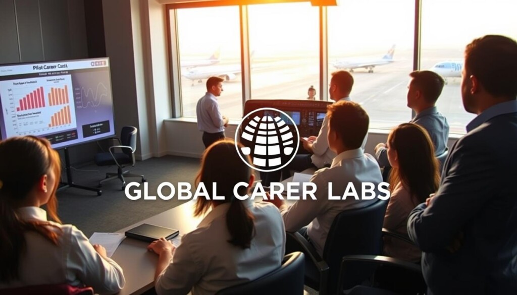A modern pilot training academy in India, featuring a classroom filled with students in professional attire, attentively engaged in a training session. In the foreground, a diverse group of students, including males and females of various ethnicities, is studying a detailed chart of pilot training costs on a digital screen. The middle ground shows a flight simulator, with a polished, high-tech look, and instructors providing guidance. The background displays large windows with a view of an airport runway and planes, bathed in morning sunlight, creating an inspiring and focused atmosphere. The overall mood is professional, ambitious, and educational, reflecting the pathways to becoming a pilot. Include the logo of Global Career Labs prominently within the scene, enhancing the theme of educational opportunities in aviation.