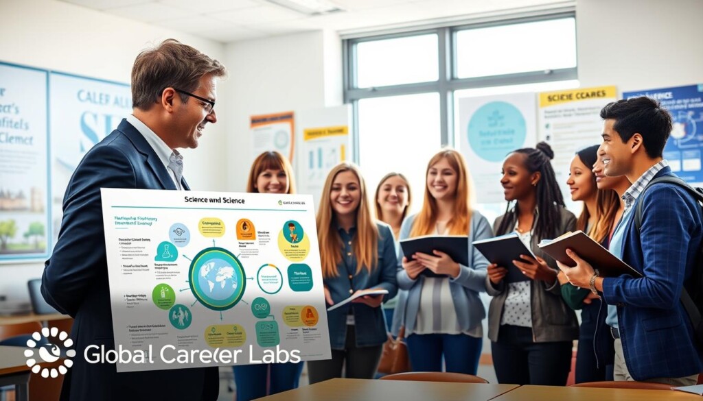 A professional career advisor, dressed in business attire, engages with a diverse group of enthusiastic high school students in a modern classroom setting filled with science-related visuals. In the foreground, a large, colorful infographic illustrates various career paths in science, such as biotechnology, environmental science, and data analysis. In the middle ground, students look intrigued and motivated, holding notebooks and discussing their interests. The background showcases a large window with natural light streaming in, casting a bright and inspiring atmosphere, while educational posters about scientific achievements adorn the walls. The overall mood is optimistic and empowering, reflecting the potential of pursuing a career in science. The image includes a subtle overlay featuring the brand "Global Career Labs" to enhance its connection to educational career guidance.
