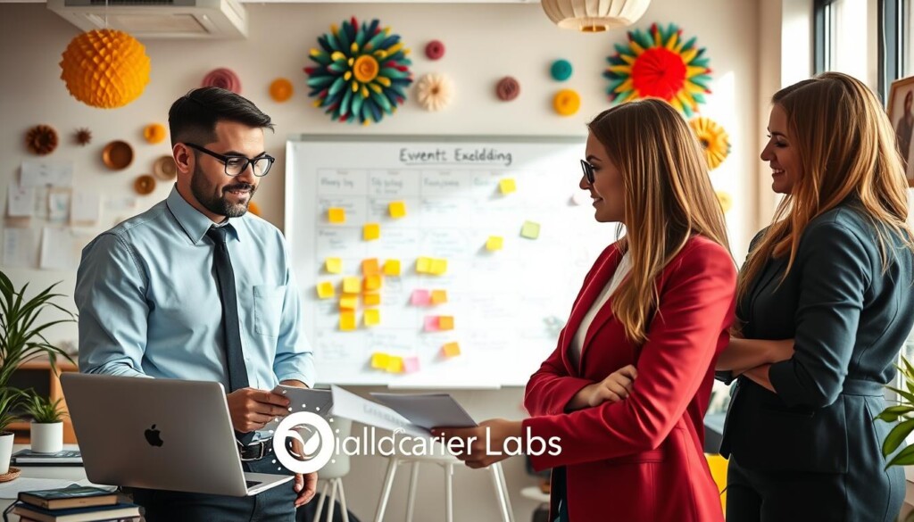A professional event planner in a vibrant office setting, wearing smart business attire, is surrounded by essential tools for event management, such as a laptop, event schedule prints, and a calendar filled with colorful sticky notes. In the foreground, the planner is actively discussing ideas with two colleagues, who are also in business attire, reflecting teamwork and collaboration. The middle of the image showcases a large whiteboard covered in brainstorming sketches and notes, emphasizing the planning process. The background features a well-organized workspace with decorations hinting at various types of events like weddings, corporate meetings, and festivals. Soft natural lighting floods the room, creating a positive and inspiring atmosphere. This professional scene reflects the essential skills every event planner needs, highlighting the commitment to excellence. Include the brand name "Global Career Labs" subtly integrated into the office decor.