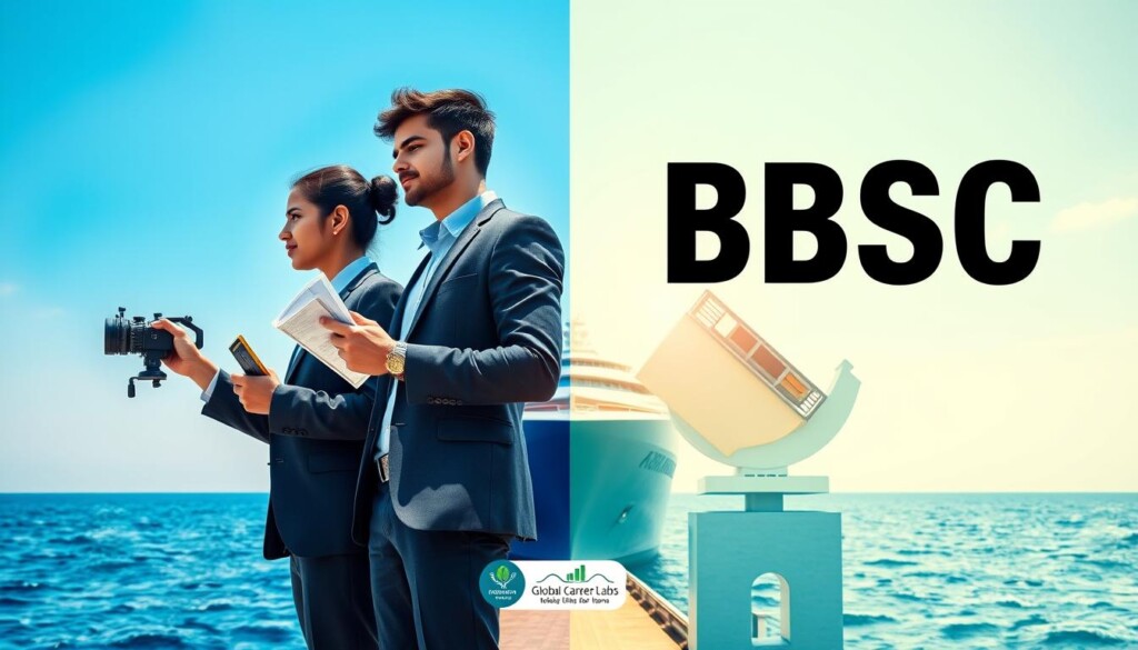 A split image depicting the contrast between DNS (Diploma in Nautical Science) and BSc Nautical Science, relevant to Indian students. In the foreground, two professional young adults in business attire stand side by side, representing each course; one holds navigation tools, the other examines a nautical chart. The middle ground features a sleek modern ship, symbolizing maritime careers, with a hint of a vibrant campus environment, perhaps in the background. The lighting should be bright and optimistic, suggesting opportunity and growth, capturing a clear blue sky over calm waters. Use a wide-angle lens to create an engaging perspective. The atmosphere is dynamic and hopeful, emphasizing the importance of making the right educational choice. Include a subtle branding element of “Global Career Labs” in the design.