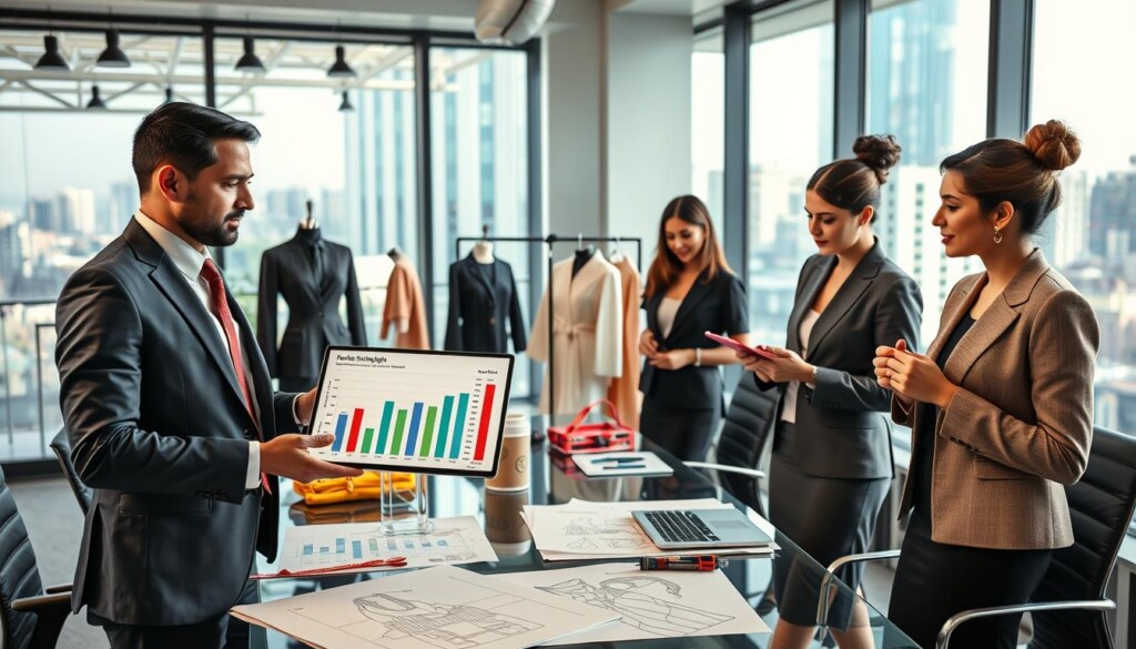 A stylish office setting showcasing a diverse group of professional fashion designers discussing salary insights in India. In the foreground, a South Asian male designer in a tailored suit presents a salary chart on a sleek laptop. To the side, a South Asian female designer takes notes, both equipped with measuring tapes and swatches, dressed in elegant business attire. The middle area features a modern conference table with fashion sketches and trend boards, while a large window in the background floods the room with natural light, offering a glimpse of a bustling cityscape. The atmosphere is vibrant and inspiring, reflecting creativity and professionalism in the field. Highlight the branding "Global Career Labs" subtly in the design elements of the workspace.