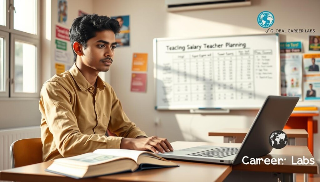 A thoughtful Indian classroom setting focused on financial planning for teacher salaries. In the foreground, a young Indian teacher in professional attire sits at a desk, calculating expenses on a laptop, surrounded by open books on teaching courses. In the middle, a whiteboard displays charts illustrating salary ranges for teachers in India, providing a dynamic educational atmosphere. The background features bright, inviting colors, with posters about teaching careers and educational resources. Natural light floods the room through large windows, creating an optimistic and motivating mood. The image subtly incorporates the logo of "Global Career Labs" on a poster, emphasizing its connection to career guidance.