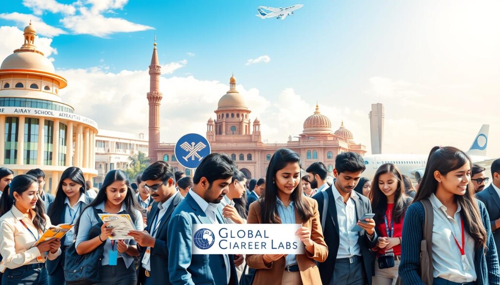 A vibrant and dynamic scene showcasing the top Indian institutions for aviation studies. In the foreground, a diverse group of young Indian students, dressed in professional business attire, engaging in discussions, looking at flyers, or examining aviation-related equipment. The middle ground features architectural elements of renowned Indian aviation schools, such as the Indian Institute of Aeronautics and Indira Gandhi Institute of Aeronautics, exuding a modern and inspiring academic environment. The background includes an aircraft and a picturesque sky, suggesting a bright future in aviation. The lighting is bright and optimistic, with sunlight streaming down to create a welcoming atmosphere. The overall mood is one of ambition and excitement for a career in aviation. The logo for "Global Career Labs" subtly integrated into the scene without disrupting the main focus.