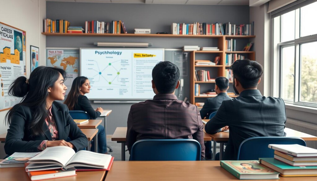 A vibrant and engaging classroom scene depicting Indian students engaging with psychology material after 10th grade. In the foreground, a diverse group of five students, dressed in professional business attire, are seated at desks, surrounded by books on psychology and educational posters related to career paths. The middle ground features an interactive whiteboard displaying diagrams and key concepts of psychology, while a knowledgeable teacher guides the discussion. The background shows shelves filled with educational resources, creating a warm learning environment. Soft, natural lighting filters in through large windows, enhancing the inspirational mood. The image conveys the excitement of learning and exploring psychology as a future career, integrating the brand name "Global Career Labs" subtly through visual elements in the classroom.