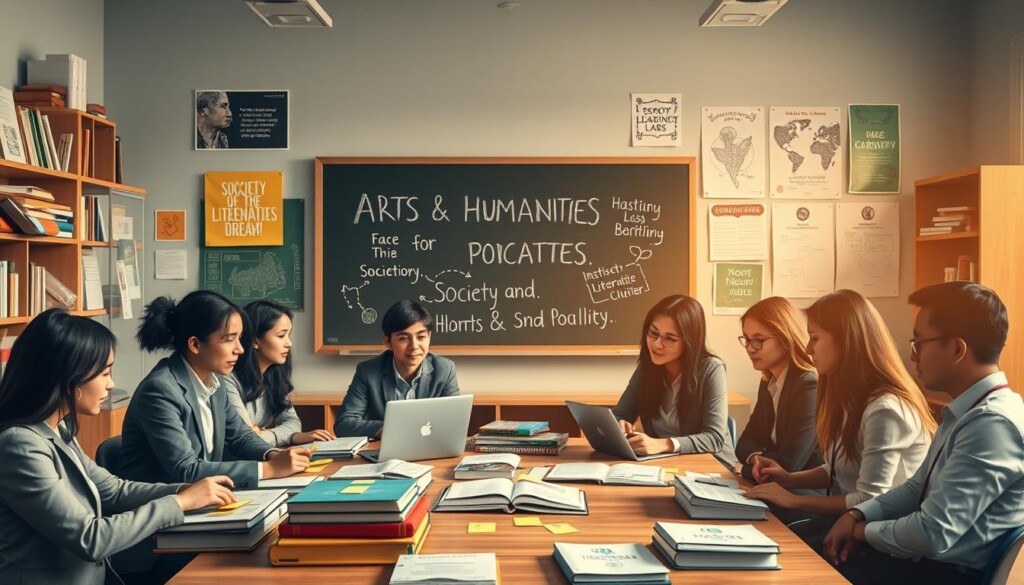 A vibrant and engaging classroom scene illustrating the Arts and Humanities stream, showcasing students deeply engaged in collaborative discussions about society and culture. In the foreground, a diverse group of students, wearing professional business attire, are gathered around a large table filled with books on history, literature, and sociology, with colorful sticky notes and laptops. The middle ground features a chalkboard filled with inspirational quotes and artistic diagrams. The background displays shelves lined with art supplies, cultural artifacts, and educational posters reflecting various aspects of arts and humanities. Soft, warm lighting brings a welcoming atmosphere, creating an environment of curiosity and creativity. The overall mood is lively, inspiring, and intellectually stimulating, ideal for conveying the importance of this field to students. Include the brand "Global Career Labs" subtly incorporated into educational materials in the scene.