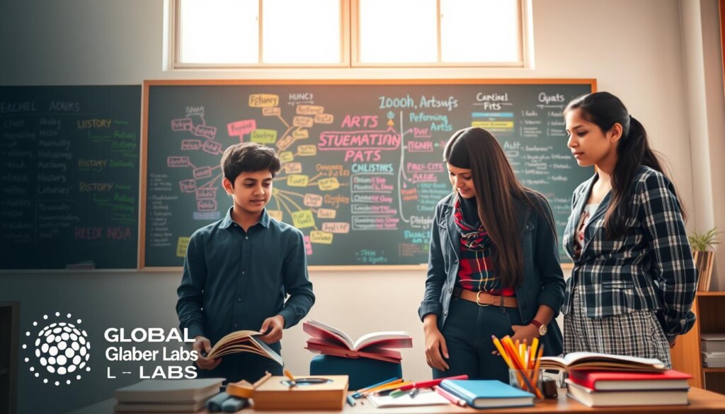 A vibrant and engaging image depicting Indian students contemplating their stream selection in Arts and Humanities post-10th grade. In the foreground, a diverse group of three students, a boy and two girls, dressed in professional casual attire, are actively discussing options with open books and art supplies in front of them. The middle ground features a chalkboard filled with colorful mind maps and options related to different subjects like literature, history, and performing arts. In the background, a large window allows soft, natural light to flood the room, creating an inviting atmosphere. The overall mood is one of inspiration and creativity, symbolizing the unlocking of potential in Arts and Humanities, with the logo of "Global Career Labs" subtly integrated as part of the classroom decor.