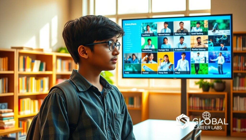 A vibrant and engaging scene illustrating diverse science stream career prospects, featuring a collage of professionals in various scientific fields. In the foreground, a young Indian student, dressed in modest casual clothing, gazes thoughtfully at career options displayed on a digital screen. In the middle ground, images of professionals in lab coats, research settings, and tech environments highlight careers in biotechnology, engineering, and environmental science. The background showcases an academic setting with bookshelves filled with science textbooks and a large window letting in warm, natural light, creating a motivational atmosphere. The composition should be dynamic, inviting curiosity about the potential paths in the science stream. Captured using a wide-angle lens to convey openness and opportunity, and bathed in vibrant, inspiring colors to evoke optimism about future career choices. Include subtle branding elements of "Global Career Labs" incorporated into the digital screen display.