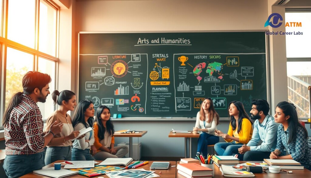 A vibrant and inspiring classroom setting showcasing the Arts and Humanities stream, designed for Indian students. In the foreground, a diverse group of students, dressed in professional casual attire, engaged in a creative brainstorming session, with artistic materials like sketchbooks, paint, and books scattered around them. The middle layer features a large blackboard with colorful diagrams illustrating various fields of arts and humanities—like literature, music, and history—emphasizing creativity and societal exploration. The background includes large windows with warm sunlight filtering in, creating a light and uplifting atmosphere. The scene conveys a sense of collaboration and enthusiasm for learning, capturing the essence of the Arts stream in education. Include a subtle logo of “Global Career Labs” in the corner.