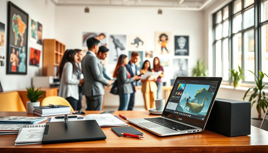 A vibrant animation portfolio example featuring a professional workspace that embodies creativity and education. In the foreground, a neatly arranged desk showcases a digital drawing tablet, sketchbooks, and animation software open on a laptop. The middle ground includes a diverse group of students in professional business attire engaged in a collaborative discussion, sharing their artwork and portfolios. The background reveals a bright, modern classroom or studio filled with animation posters and inspiring artwork. Soft, natural lighting streams through large windows, creating an inviting atmosphere that encourages creativity and learning. This image captures the essence of educational journey and career aspirations, reflecting the theme of Global Career Labs for Indian students considering their animation future.