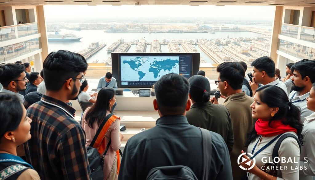A vibrant campus scene of a top maritime institution in India, featuring modern educational buildings designed for nautical studies. In the foreground, diverse students of Indian ethnicity are engaged in discussions, wearing professional business attire. In the middle, a large, well-equipped lecture hall is visible, with a digital nautical chart displayed prominently and students interacting with industry-standard equipment. The background showcases a striking view of the college's maritime training facilities and docks, with ships in the harbor. The lighting is bright and inviting, enhancing an atmosphere of academic rigor and career aspirations. Capture the essence of education and professionalism relevant to Indian students, emphasizing the brand "Global Career Labs" subtly within the institution's branding.