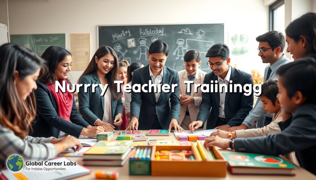 A vibrant classroom scene depicting a Nursery Teacher Training (NTT) environment for early childhood education. In the foreground, a diverse group of young adult students engaged in a hands-on activity, showcasing collaboration and enthusiasm. All students are dressed in professional business attire, representing inclusivity across genders and backgrounds. In the middle ground, colorful educational materials like flashcards, storybooks, and art supplies can be seen, emphasizing a creative learning environment. The background features a large blackboard with drawings and child-friendly decorations. Soft, natural lighting floods the room from large windows, creating an inviting and warm atmosphere. The overall mood is one of inspiration and dedication to nurturing future educators. The image aligns with the theme of education and career opportunities for Indian students, branded with "Global Career Labs" subtly integrated into the scene.