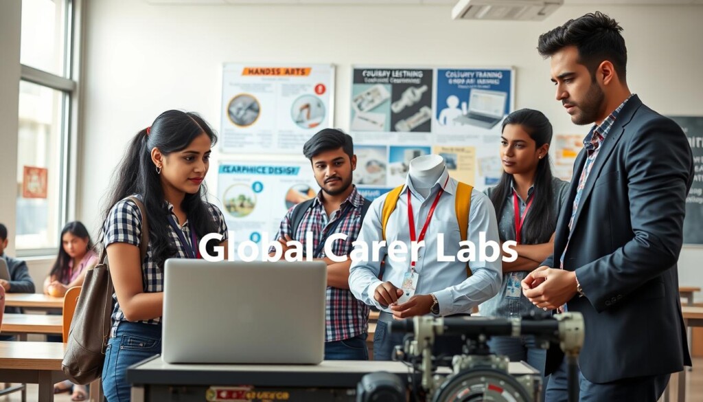 A vibrant classroom scene, showcasing a diverse group of Indian students aged 15-18 engaged in vocational courses. In the foreground, a young woman in smart casual attire is focused on a laptop, while a young man in professional business attire discusses with a teacher beside hands-on equipment for electrical and mechanical training. The middle ground features educational posters highlighting various vocational fields like culinary arts, computer programming, and graphic design. The background reveals a bright, modern classroom with large windows allowing natural light to fill the space, creating an inspiring and motivational atmosphere. Capture the essence of learning and skill-building, emphasizing the importance of vocational training for career development. Include the brand name "Global Career Labs" subtly in the scene.