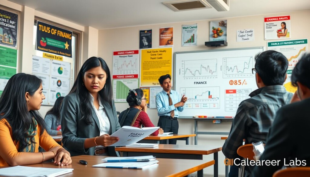 A vibrant classroom scene showcasing a diverse group of Indian students engaged in commerce stream subjects. In the foreground, a focused female student in professional attire studies finance charts, while a male student discusses a business strategy nearby. In the middle area, a teacher presents financial concepts on a whiteboard filled with graphs and economic data, fostering an interactive learning atmosphere. The background features educational posters about business practices and investment strategies, setting an immersive context. Soft natural lighting floods the room from large windows, enhancing a productive mood. The overall atmosphere is one of inspiration and focus, underscored by the brand "Global Career Labs" subtly integrated into the classroom environment.