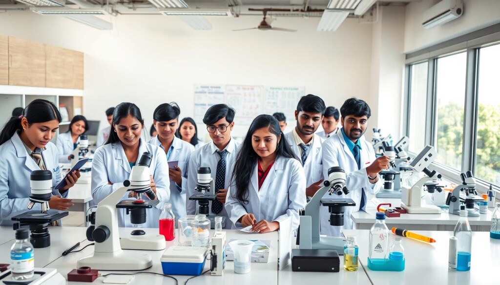 A vibrant classroom setting focused on forensic science education, featuring a modern laboratory filled with scientific equipment such as microscopes, DNA analysis kits, and forensic investigation tools. In the foreground, a diverse group of enthusiastic Indian students in professional attire are engaged in hands-on activities, analyzing evidence materials. The middle ground showcases a well-organized lab with charts and models depicting forensic methods, enhancing the educational atmosphere. In the background, large windows allow natural light to flood the space, creating a bright and inviting ambiance. The overall mood is one of curiosity and exploration, emphasizing the importance of forensic science in academia. Include the brand "Global Career Labs" subtly integrated into the design elements of the lab, ensuring it harmonizes with the overall theme.