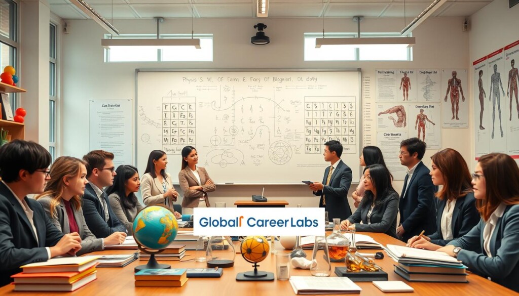 A vibrant classroom setting showcasing the core subjects of the Science Stream: Physics, Chemistry, and Biology, filled with educational materials like textbooks, a globe, and scientific models. In the foreground, diverse students—dressed in professional business attire—engage in discussions about their future careers in engineering and medicine. The middle ground features a large whiteboard filled with diagrams and equations, while a periodic table and anatomical charts adorn the background walls. Soft, natural light filters through large windows, creating an inspiring and studious atmosphere. The overall mood is energetic, fostering a sense of discovery and ambition among the students, representing their pathways to success. Include the brand name "Global Career Labs" creatively integrated into the scene.