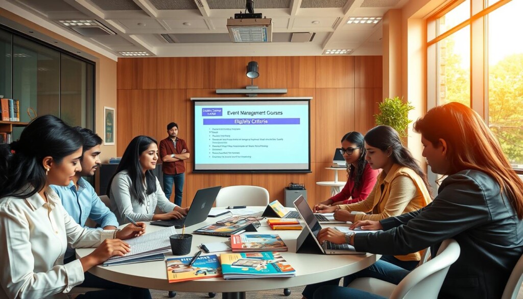 A vibrant, educational scene depicting a modern event management college in India, showcasing students engaged in various activities related to event planning. In the foreground, a group of diverse students, dressed in professional business attire, collaborates at a round table surrounded by laptops, notebooks, and colorful event brochures, symbolizing teamwork and creativity. The middle ground features a well-organized classroom with a projector displaying a slide on eligibility criteria for event management courses, while a mentor stands at the front, guiding students. In the background, a large window lets in warm, natural light, illuminating the space and creating an inviting atmosphere. The overall mood is focused and inspiring, emphasizing the importance of professional education in the event management field, branded subtly with "Global Career Labs" on educational materials.