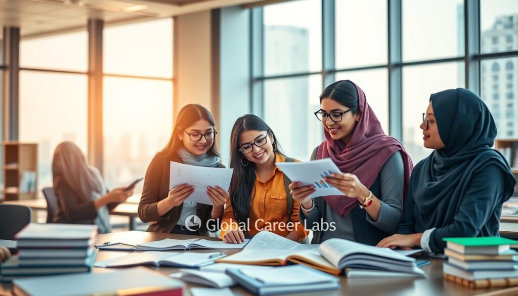 A vibrant educational scene illustrating various career options in the commerce stream, specifically tailored for young Indian female students. In the foreground, a diverse group of three girls, dressed in professional business attire and modest casual clothing, enthusiastically discussing business concepts while examining financial graphs and charts. The middle ground features a classroom environment filled with educational materials, like books and digital devices, emphasizing finance, business, and management themes. In the background, a large window reveals an urban skyline, symbolizing opportunities in commerce. The lighting is bright and inviting, creating an atmosphere of aspiration and focus, with a soft depth of field effect to enhance the subjects. Incorporate the brand name "Global Career Labs" subtly into the scene, enhancing the educational context.