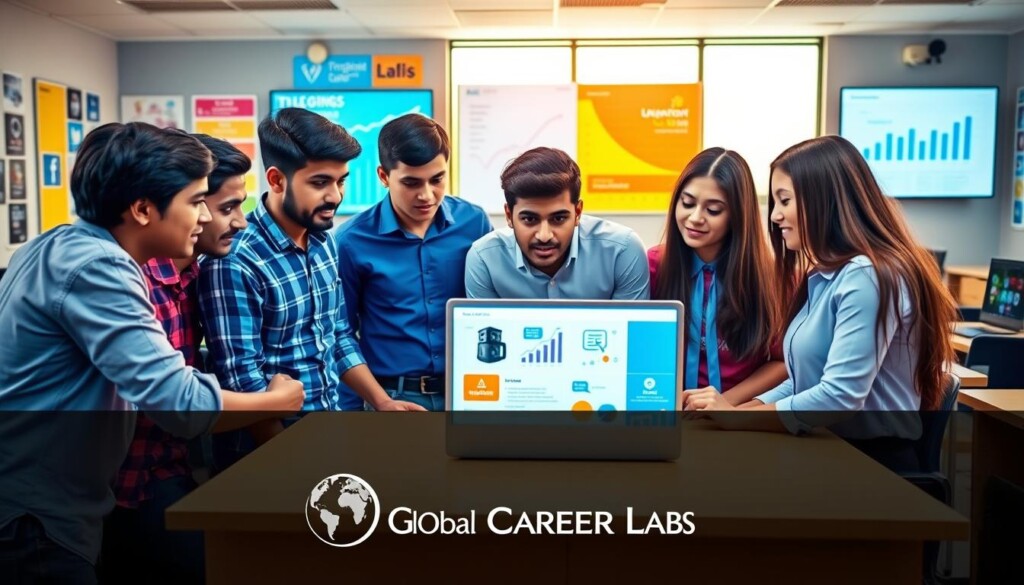 A vibrant, educational scene showcasing a digital marketing course for students after 12th grade in India. In the foreground, a diverse group of young adults, both male and female, dressed in professional attire, are engaged in a collaborative discussion around a laptop displaying digital marketing concepts. In the middle ground, colorful posters related to digital marketing strategies and social media platforms adorn the classroom walls. The background features a well-lit classroom environment, with modern furniture and digital screens displaying analytics graphs. Warm, natural lighting emanates from large windows, creating an inviting atmosphere. The overall mood is energetic and motivational, emphasizing the opportunities in digital marketing. The logo of “Global Career Labs” is subtly incorporated into the classroom decor, representing professionalism and education.