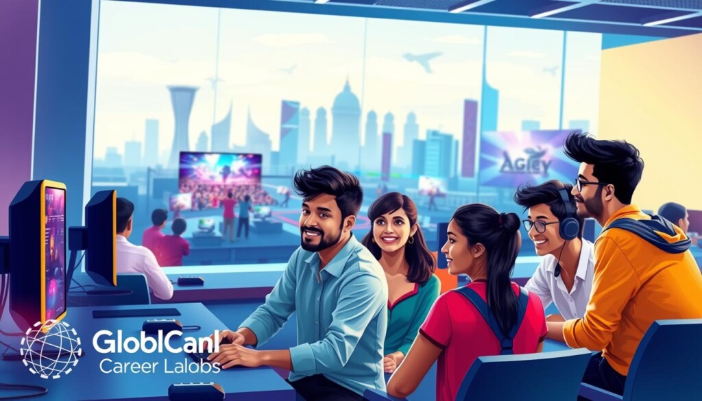 A vibrant illustration showcasing the gaming career landscape in India. In the foreground, a diverse group of young Indian students, dressed in smart casual clothing, enthusiastically collaborate on a game design project at a modern computer lab, surrounded by high-tech gaming equipment and LED screens displaying game graphics. In the middle ground, an animated scene portrays an open-air gaming tournament with spectators cheering, highlighting the thriving gaming culture in India. The background features a skyline of a bustling Indian city, symbolizing digital innovation and opportunities. Soft, dynamic lighting enhances the atmosphere of creativity and excitement, while a subtle lens flare adds a professional touch. The image reflects the ambition and passion of students pursuing careers in gaming and animation, alongside the brand logo "Global Career Labs" integrated into the scene.