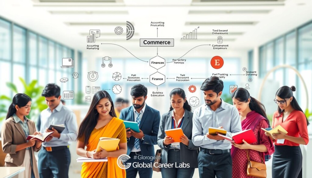 A vibrant, informative illustration showcasing various career paths within the commerce stream, focusing on finance and business horizons. In the foreground, diverse Indian students dressed in professional business attire are engaged in discussions over books and digital devices, symbolizing modern education. The middle ground features a dynamic flowchart connecting careers such as accounting, marketing, and entrepreneurship, with icons representing skills like analytics and leadership. The background displays a bright, open office environment with charts, graphs, and abstract representations of economic growth, creating an atmosphere of innovation and aspiration. Soft, natural lighting enhances the scene, while a slight depth of field focuses on the students, conveying a sense of purpose and collaboration. Include the logo of "Global Career Labs" subtly integrated into the design, ensuring professionalism and relevance.