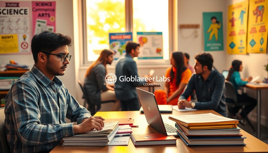 A vibrant study environment depicting a diverse group of Indian students preparing for entrance exams. In the foreground, a focused student in professional attire is sitting at a desk piled with books, notes, and a laptop, highlighting the intensity of exam preparations. In the middle ground, a study group collaborates, discussing topics related to science, commerce, arts, and vocational studies. Bright educational posters that symbolize various fields adorn the walls. In the background, a window allows warm natural light to flood the room, creating an optimistic and motivating atmosphere. The scene captures the spirit of ambition and determination among young learners, with the logo "Global Career Labs" subtly incorporated as part of the room's decor. The image should have a bright, uplifting mood emphasizing education and career aspirations.