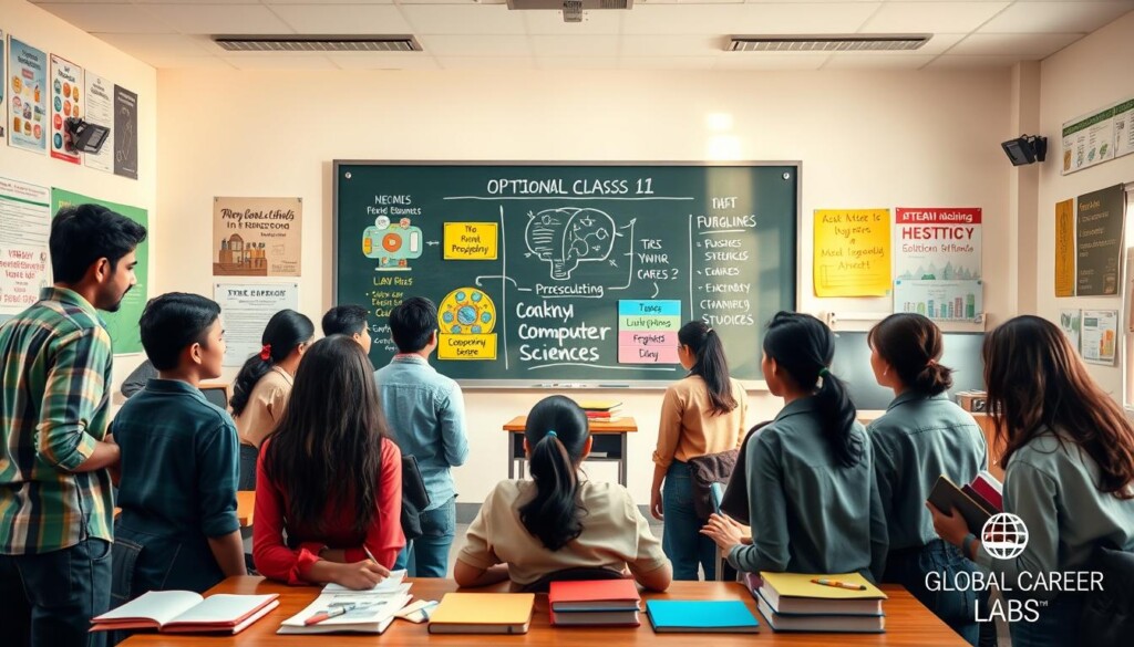 A visually engaging classroom setting showcasing various optional subjects for Class 11 Indian students. In the foreground, a diverse group of students in modest casual clothing are discussing subject choices, surrounded by textbooks and notes. In the middle, a large chalkboard displays colorful diagrams representing subjects like Psychology, Computer Science, and Business Studies, emphasizing academic growth. The background features a bright and airy classroom with educational posters and motivational quotes on the walls. Soft, natural lighting filters through the windows, creating an inspiring atmosphere. The overall mood is collaborative and focused on academic success. Include the brand name "Global Career Labs" subtly integrated into the classroom decor.