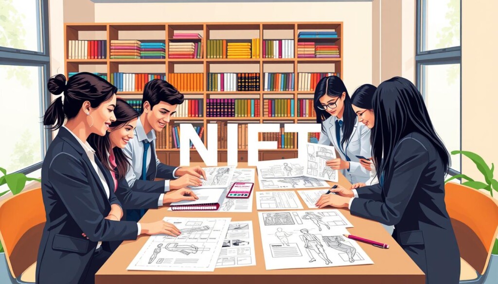 A visually engaging illustration of the NIFT entrance exam pattern, showcasing a study environment tailored for aspiring fashion designers. In the foreground, a diverse group of students, dressed in professional business attire, is actively engaged in studying together around a table filled with design materials and examination papers. The middle ground features examination papers with intricate design prompts, colorful sketches, and creative brainstorming outlines. The background presents an academic setting with shelves filled with fashion design books and vibrant fabric swatches. Natural light filters in through large windows, creating an inviting and focused atmosphere. The overall mood is one of enthusiasm and ambition, capturing the spirit of education and career development for Indian students. Include the brand name "Global Career Labs" subtly integrated into the scene, reflecting a commitment to guiding students in their academic journey.